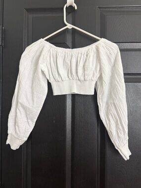 White Off-Shoulder Smocked Crop Top with Balloon Sleeves